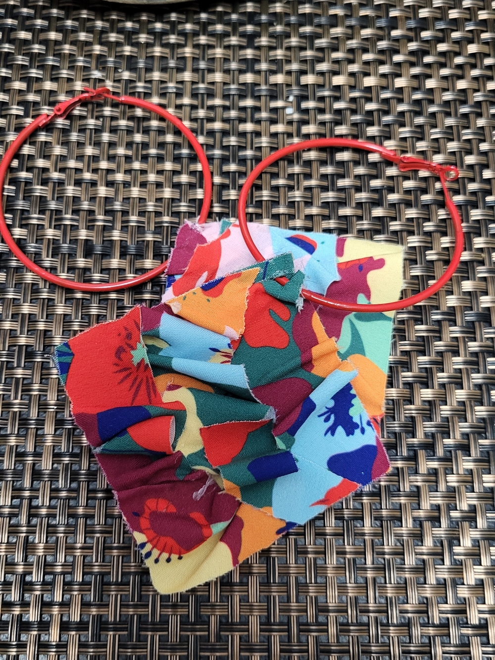 Hand Crafted Red Hoop Earrings with Multicolor Fabric